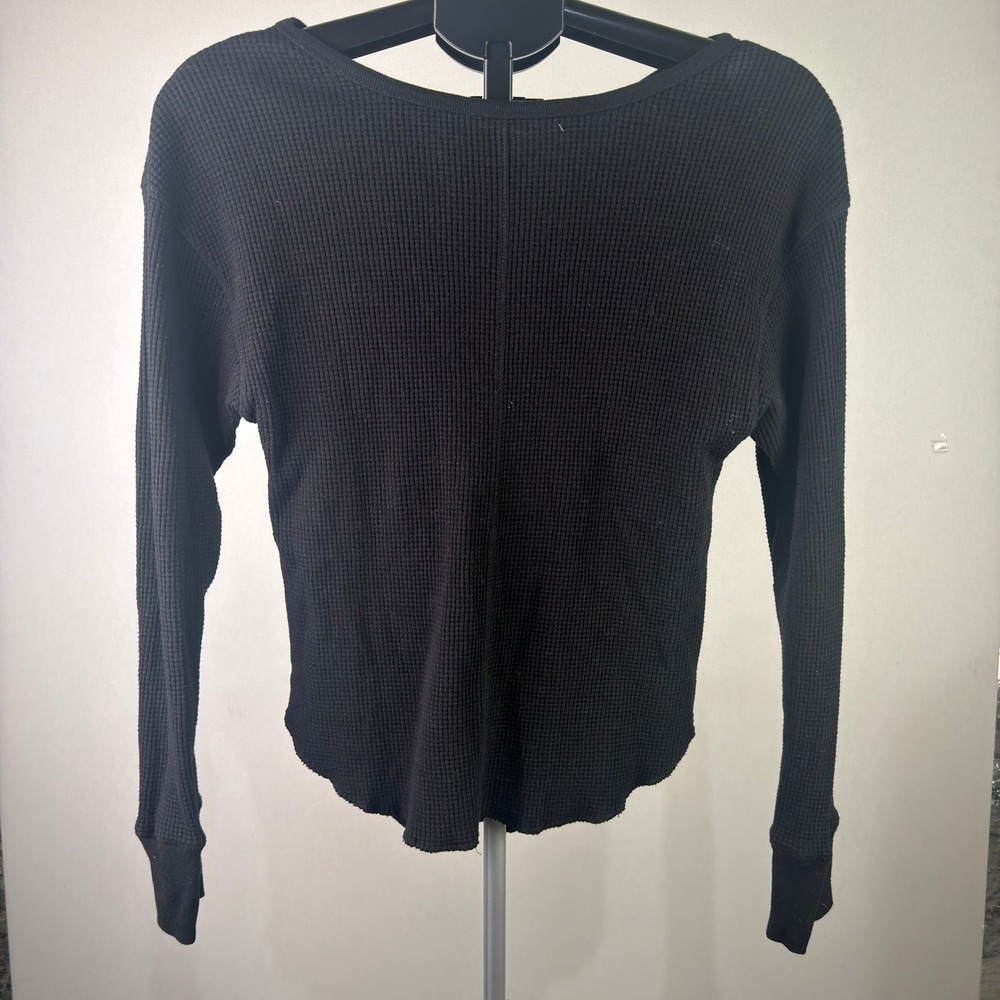 Sage Collective Womens Small Black Waffle Knit V-Neck Long Sleeve Thermal Top